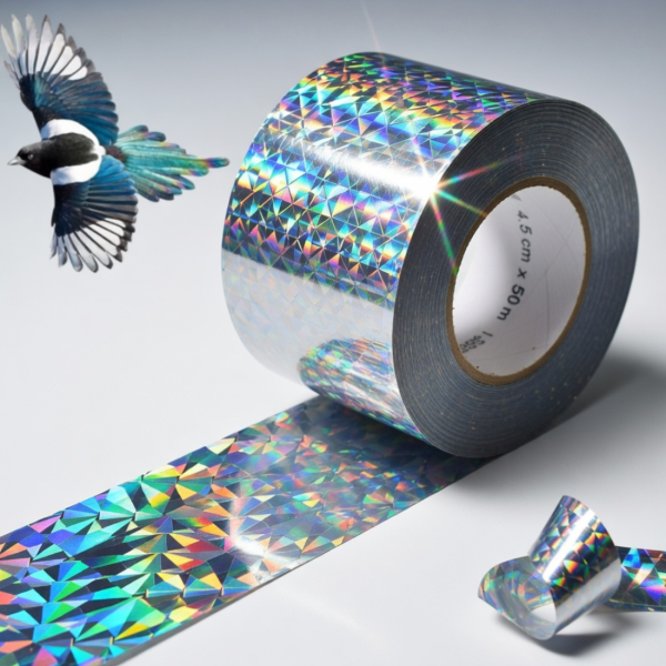Холограмна лента против птици 50 м (4.5 см) – ефективна защита за градина, балкон и насаждения без химикали