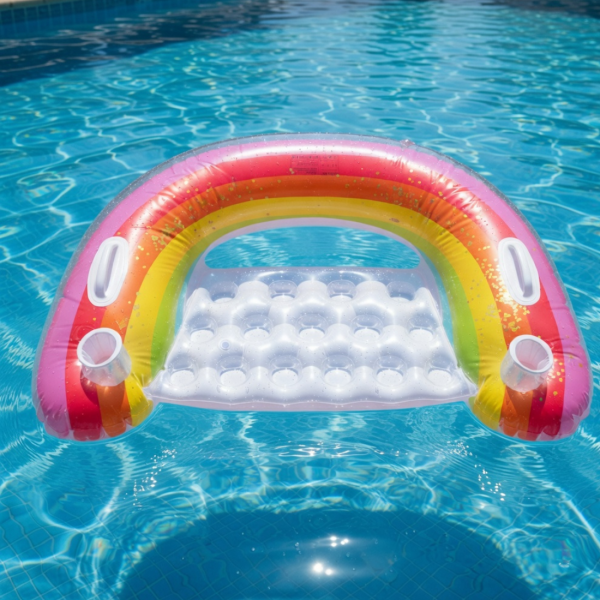 Надуваем матрак дъга 115x70 см с поставки за чаши – стилен и удобен за басейн и летен релакс 1