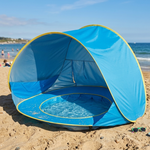 Саморазгъваща плажна палатка с детски басейн 2в1 – UV защита, водоустойчива и преносима, идеална за плаж и градина