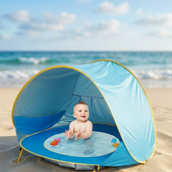 Саморазгъваща плажна палатка с детски басейн 2в1 – UV защита, водоустойчива и преносима, идеална за плаж и градина