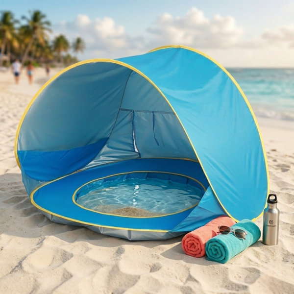 Саморазгъваща плажна палатка с детски басейн 2в1 – UV защита, водоустойчива и преносима, идеална за плаж и градина