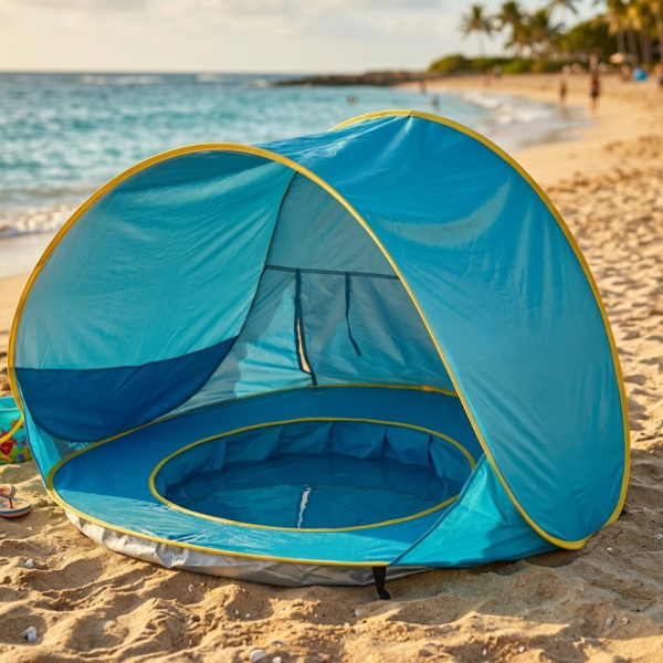 Саморазгъваща плажна палатка с детски басейн 2в1 – UV защита, водоустойчива и преносима, идеална за плаж и градина 3