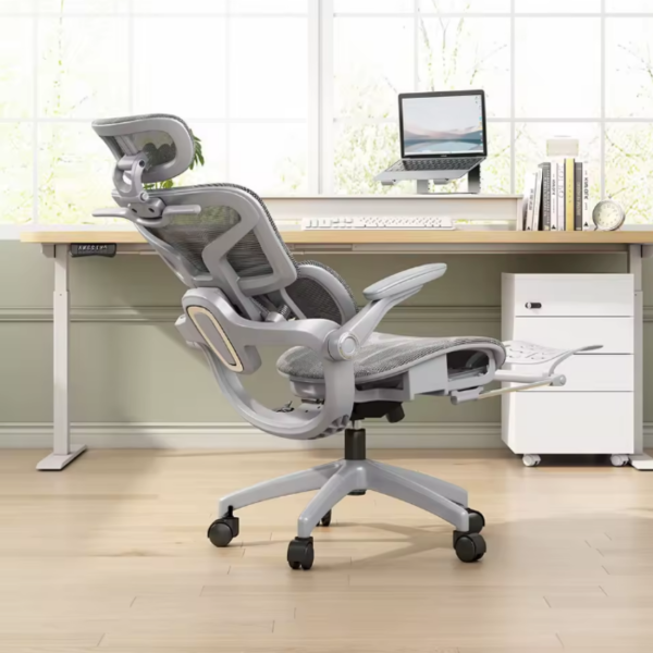 Ергономичен мрежест офис стол с подглавник и поставка за крака, 4D регулируеми подлакътници, лумбална опора и наклон