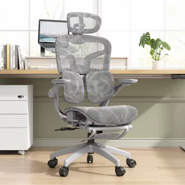 Ергономичен мрежест офис стол с подглавник и поставка за крака, 4D регулируеми подлакътници, лумбална опора и наклон