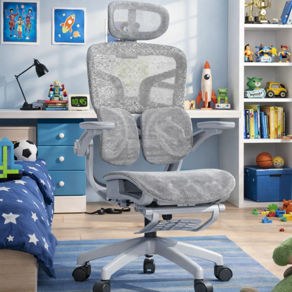 Ергономичен мрежест офис стол с подглавник и поставка за крака, 4D регулируеми подлакътници, лумбална опора и наклон