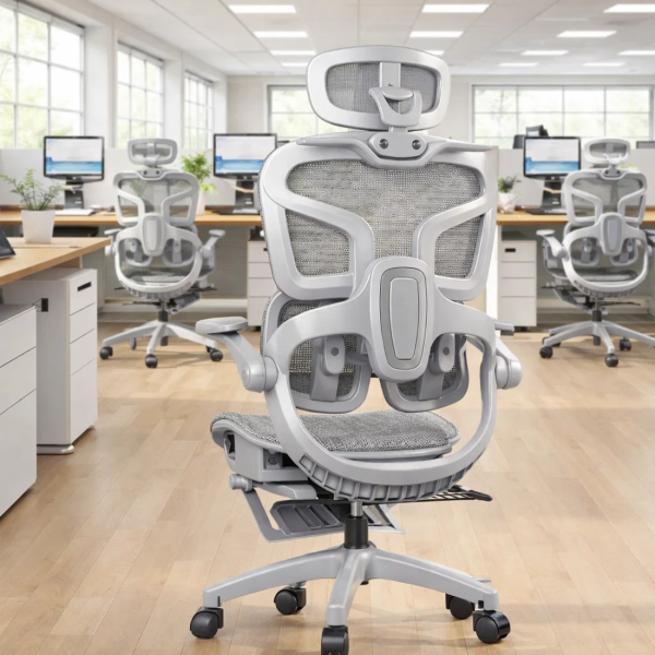 Ергономичен мрежест офис стол с подглавник и поставка за крака, 4D регулируеми подлакътници, лумбална опора и наклон