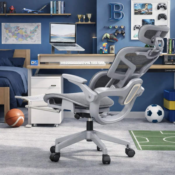 Ергономичен мрежест офис стол с подглавник и поставка за крака, 4D регулируеми подлакътници, лумбална опора и наклон