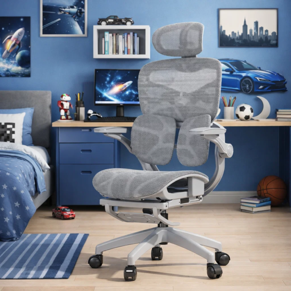 Ергономичен мрежест офис стол с подглавник и поставка за крака, 4D регулируеми подлакътници, лумбална опора и наклон