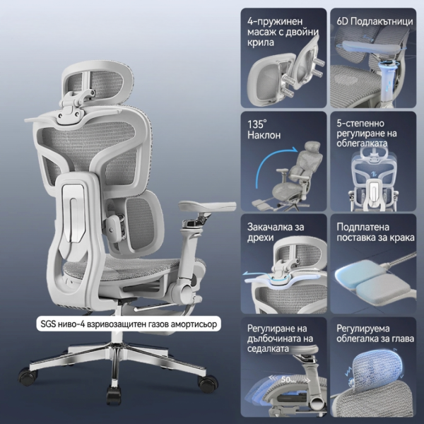 Ергономичен геймърски стол до 240 кг с 6D подлакътници и наклон 135° – максимален комфорт и стабилност