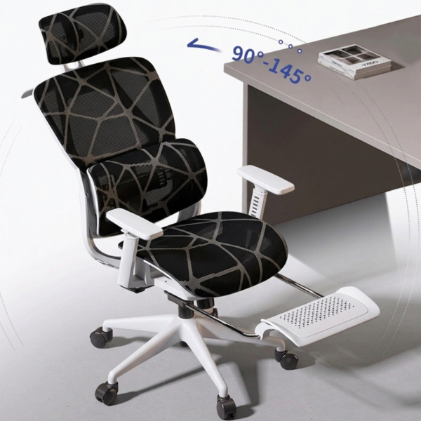 Ергономичен бял офис стол с 3D лумбална опора и наклон 145° – максимален комфорт за работа и гейминг 5