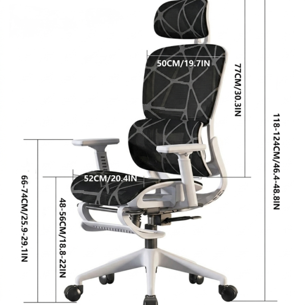 Ергономичен бял офис стол с 3D лумбална опора и наклон 145° – максимален комфорт за работа и гейминг