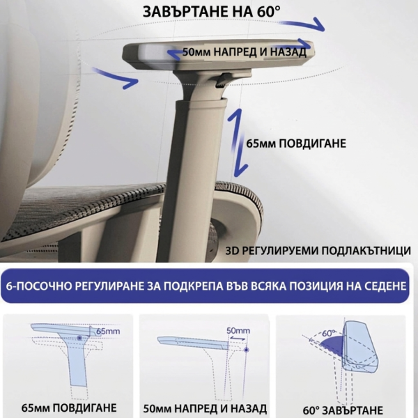 Ергономичен бял офис стол с 3D лумбална опора и наклон 145° – максимален комфорт за работа и гейминг