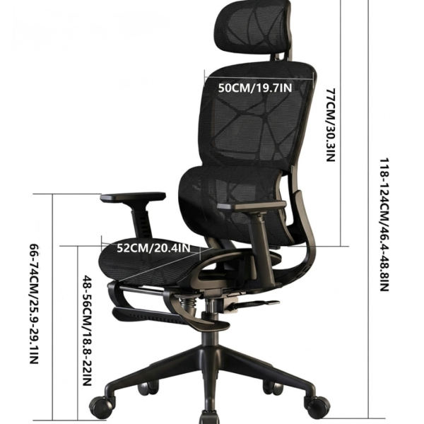 Ергономичен черен офис стол с 3D лумбална опора и наклон 145° – максимален комфорт за работа и гейминг