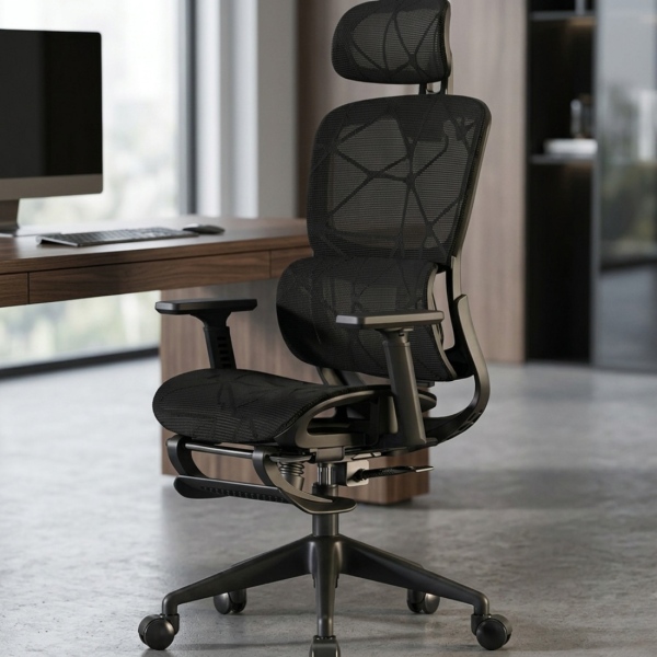 Ергономичен черен офис стол с 3D лумбална опора и наклон 145° – максимален комфорт за работа и гейминг 1