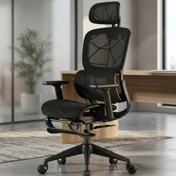 Ергономичен черен офис стол с 3D лумбална опора и наклон 145° – максимален комфорт за работа и гейминг