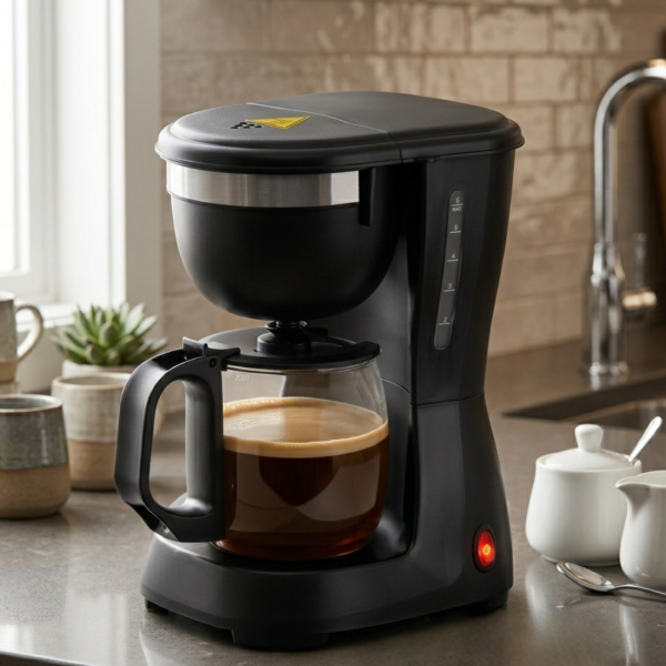 Компактна черна кафеварка 600W – 0.6L, поддържане на топлина и антикапкова система
