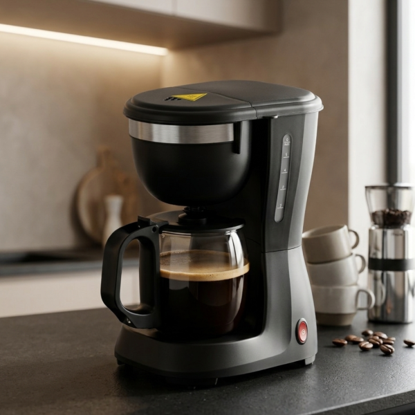 Компактна черна кафеварка 600W – 0.6L, поддържане на топлина и антикапкова система