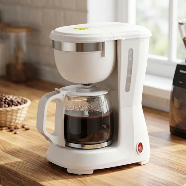Компактна бяла кафеварка 600W – 0.6L, поддържане на топлина и антикапкова система 1