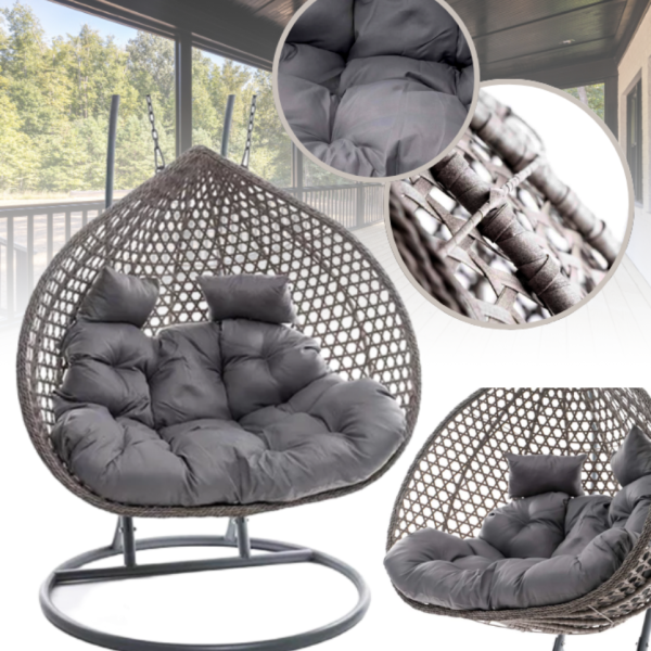 Двойна висяща ратанова люлка тип пашкул с метална рамка и възглавница – стил и комфорт до 200 кг 5