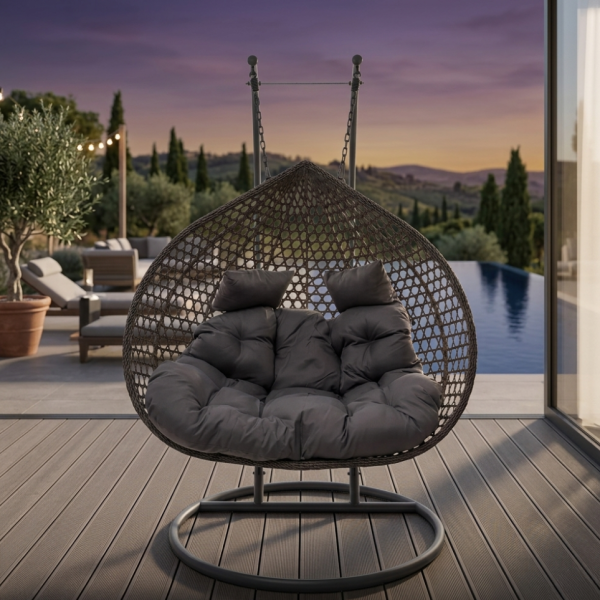 Двойна висяща ратанова люлка тип пашкул с метална рамка и възглавница – стил и комфорт до 200 кг