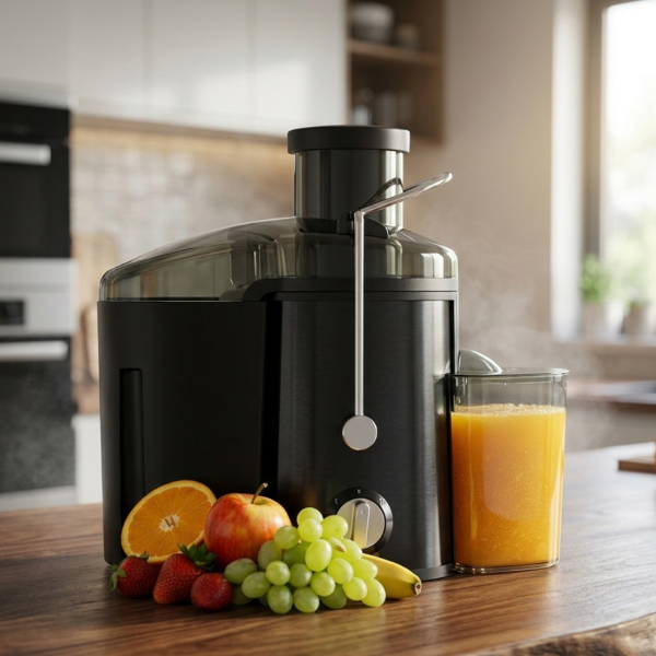 Мощна сокоизстисквачка 600W за плодове и зеленчуци с широка фуния и контейнер за пулпа 1.5L