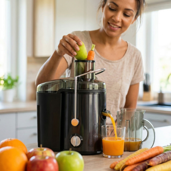 Мощна сокоизстисквачка 600W за плодове и зеленчуци с широка фуния и контейнер за пулпа 1.5L
