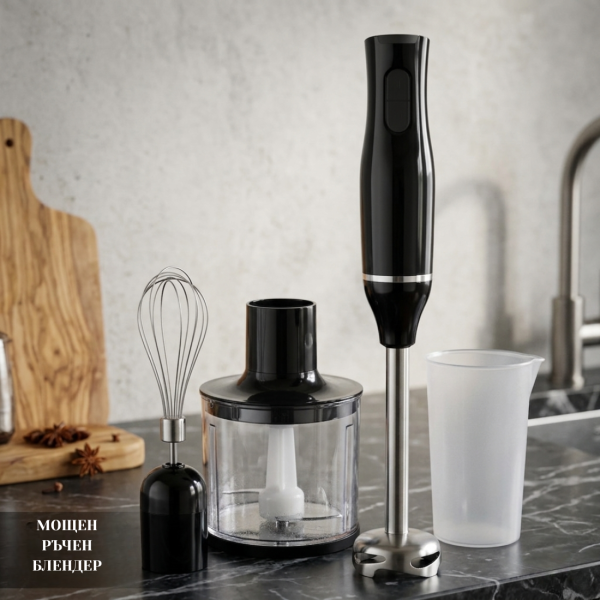 Ръчен черен блендер 800W с чопър, бъркалка и мерителна кана – мултифункционален кухненски помощник