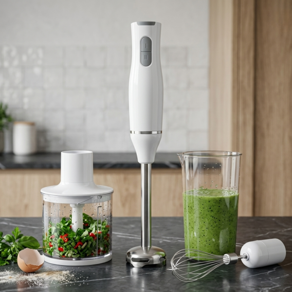 Ръчен бял блендер 800W с чопър, бъркалка и мерителна кана – мултифункционален кухненски помощник 1