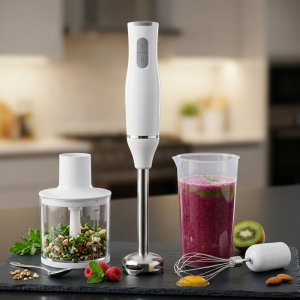 Ръчен бял блендер 800W с чопър, бъркалка и мерителна кана – мултифункционален кухненски помощник