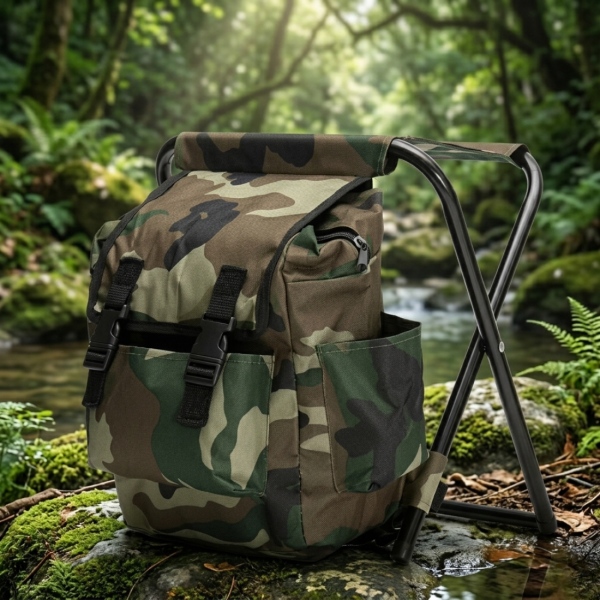 Камуфлажна раница-табуретка 2 в 1 – Удобство и практичност за къмпинг, риболов и туризъм