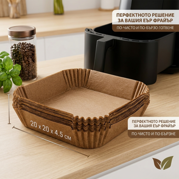 Незалепващи хартиени подложки за Air Fryer 20 x 20 x 4.5 cm  – 100 бр. - топлоустойчиви до 240°C 2
