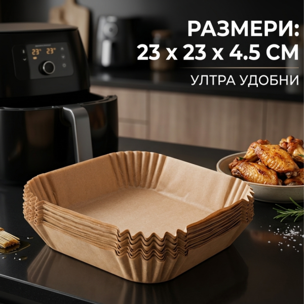 Незалепващи хартиени подложки за Air Fryer 23 x 23 x 4.5 cm – 100 бр. - топлоустойчиви до 240°C 2