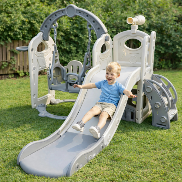 Детска сива пързалка с люлка 3 в 1 – за дома и двора, стабилна и безопасна конструкция 7