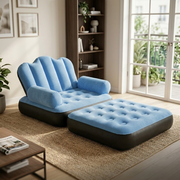 Надуваем разтегателен син фотьойл SuperSofa 5-в-1: Легло, шезлонг и диван в едно TV720