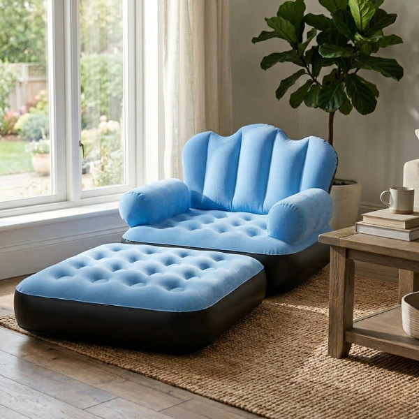 Надуваем разтегателен син фотьойл SuperSofa 5-в-1: Легло, шезлонг и диван в едно TV720