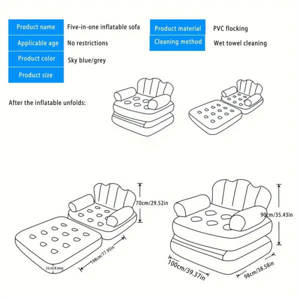 Надуваем разтегателен син фотьойл SuperSofa 5-в-1: Легло, шезлонг и диван в едно TV720 7