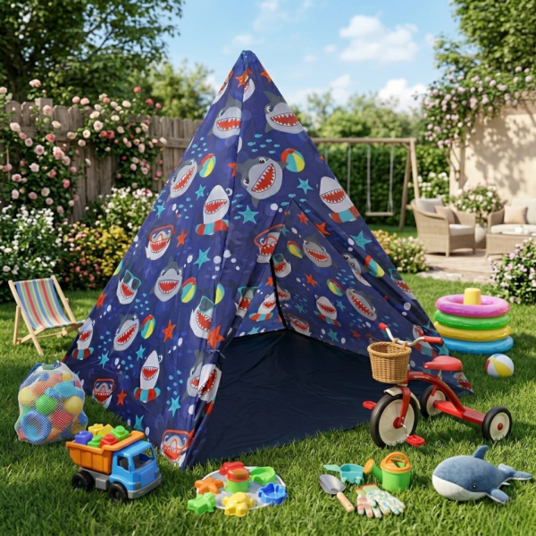 Детска типи палатка XXL с акули – сгъваема къщичка за игра за дома и градината 6
