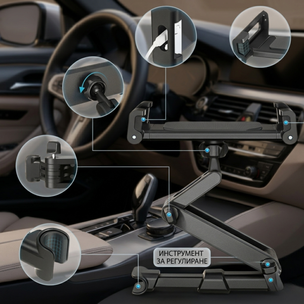 Автомобилна стойка за таблет и телефон за облегалка – 360° въртене и регулируемо рамо 3