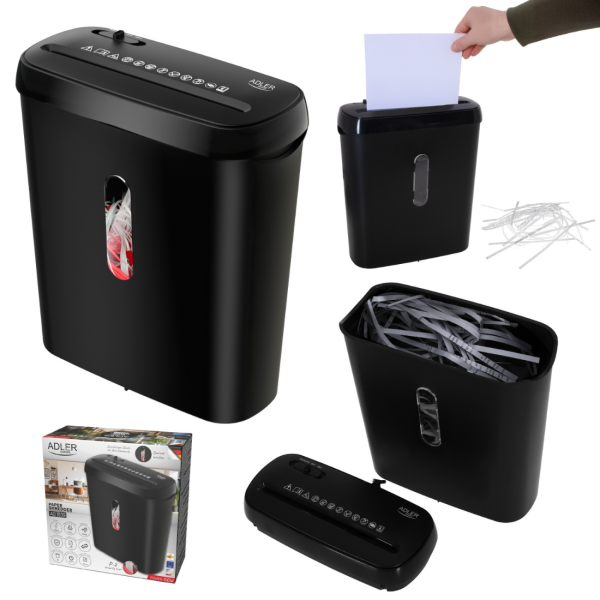 Шредер за документи Adler – Сигурно унищожаване P-2, до 6 листа наведнъж, тиха работа и защита от претоварване 1