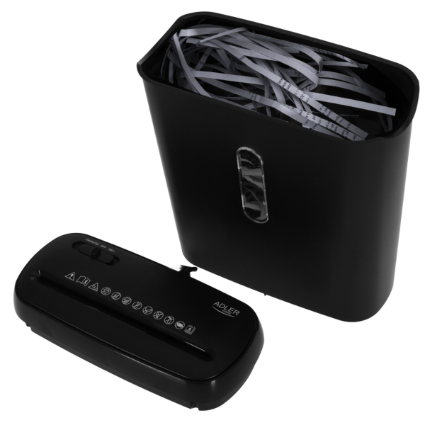 Шредер за документи Adler – Сигурно унищожаване P-2, до 6 листа наведнъж, тиха работа и защита от претоварване