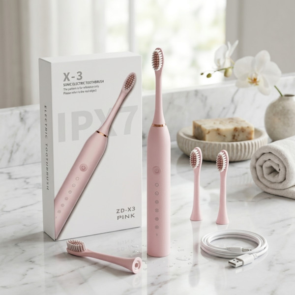 Ултразвукова електрическа четка за зъби X3, 6 режима на почистване, Smart Таймер, IPX7 + 4 накрайника, Розова