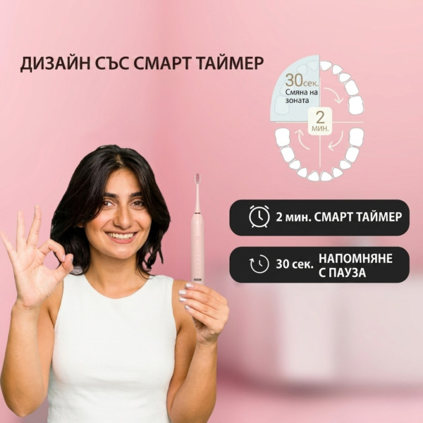 Ултразвукова електрическа четка за зъби X3, 6 режима на почистване, Smart Таймер, IPX7 + 4 накрайника, Розова