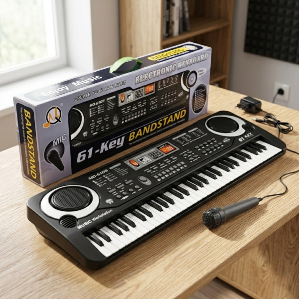 Детско електронно пиано с 61 клавиша, микрофон и адаптер – 16 тона, 10 ритъма и режим на обучение