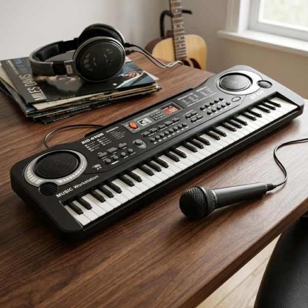 Детско електронно пиано с 61 клавиша, микрофон и адаптер – 16 тона, 10 ритъма и режим на обучение