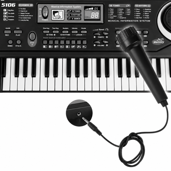 Детско електронно пиано с 61 клавиша, микрофон и адаптер – 16 тона, 10 ритъма и режим на обучение 3