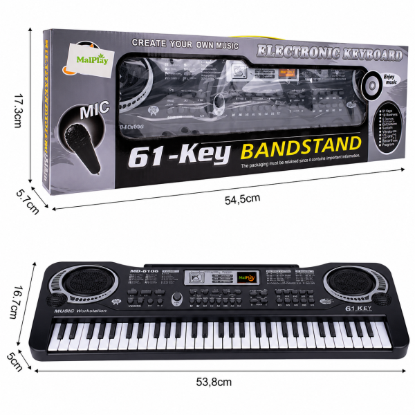 Детско електронно пиано с 61 клавиша, микрофон и адаптер – 16 тона, 10 ритъма и режим на обучение 4