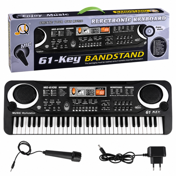 Детско електронно пиано с 61 клавиша, микрофон и адаптер – 16 тона, 10 ритъма и режим на обучение 5