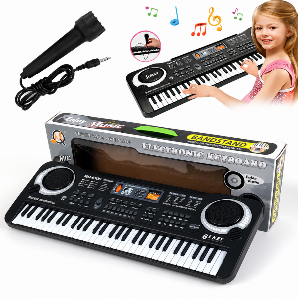 Детско електронно пиано с 61 клавиша, микрофон и адаптер – 16 тона, 10 ритъма и режим на обучение