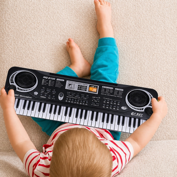 Детско електронно пиано с 61 клавиша, микрофон и адаптер – 16 тона, 10 ритъма и режим на обучение