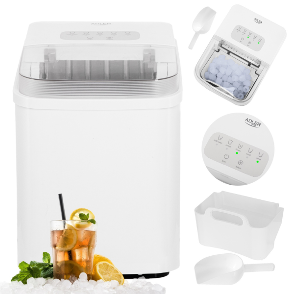Ледогенератор Adler - 12 кг/ден, бързи кубчета за 10 минути, тиха работа и самопочистване, 2 размера лед 1